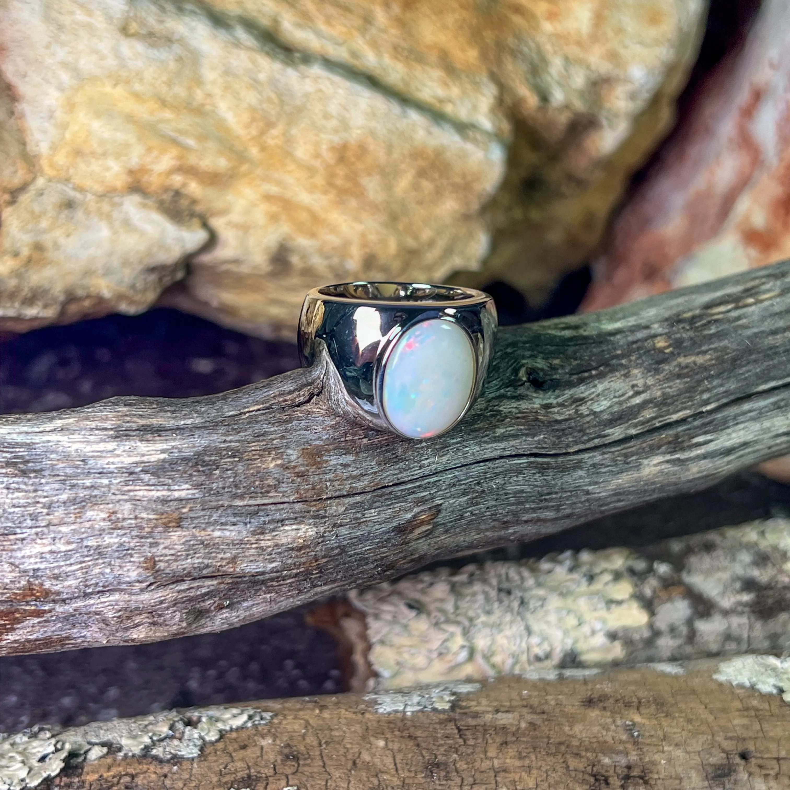 Sterling Silver broad White Opal solitaire ring