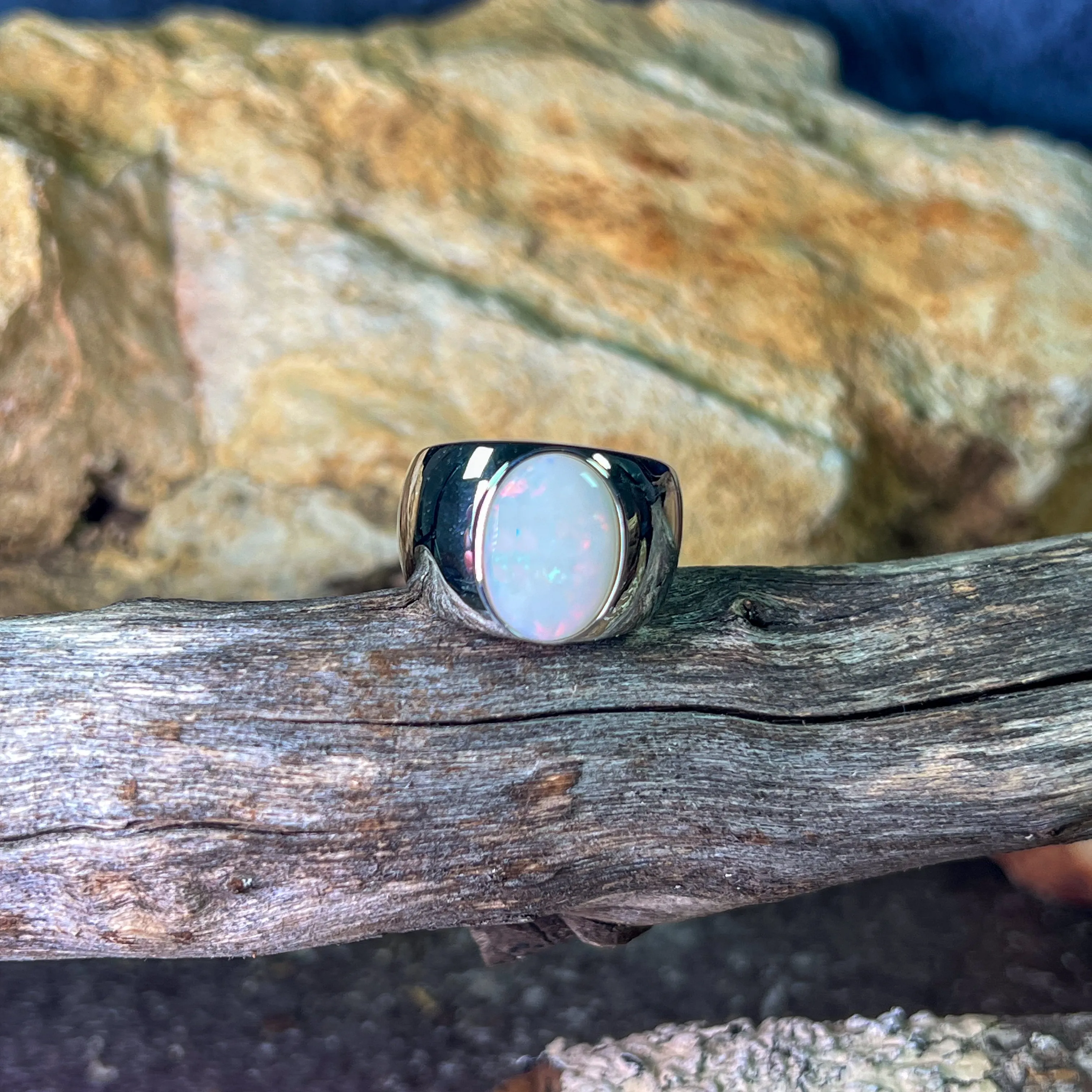 Sterling Silver broad White Opal solitaire ring