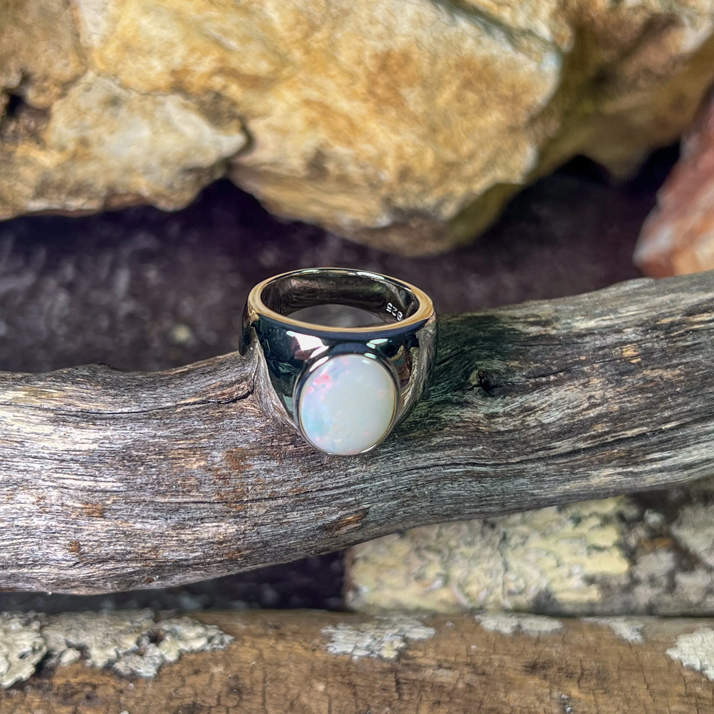 Sterling Silver broad White Opal solitaire ring