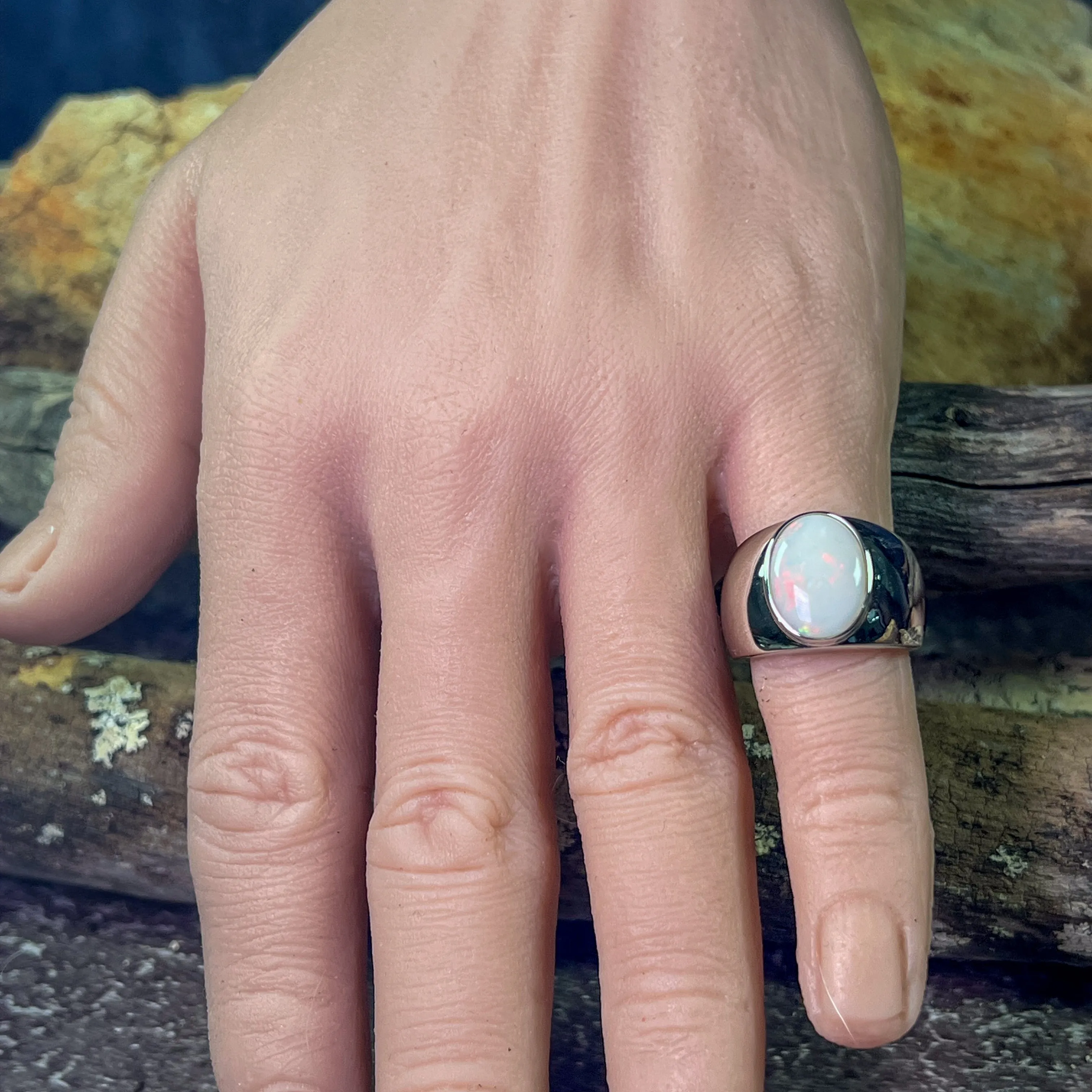 Sterling Silver broad White Opal solitaire ring