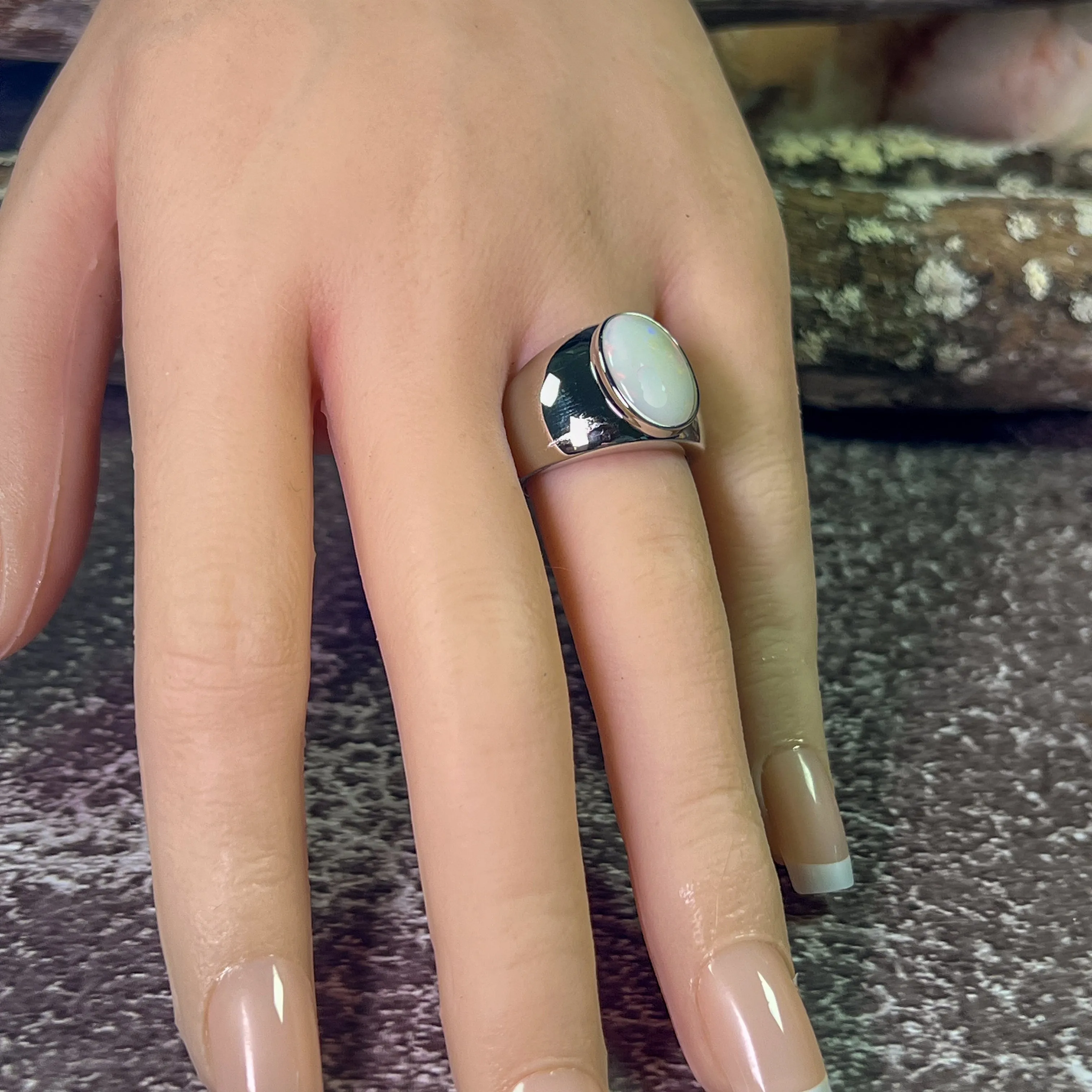 Sterling Silver broad White Opal solitaire ring