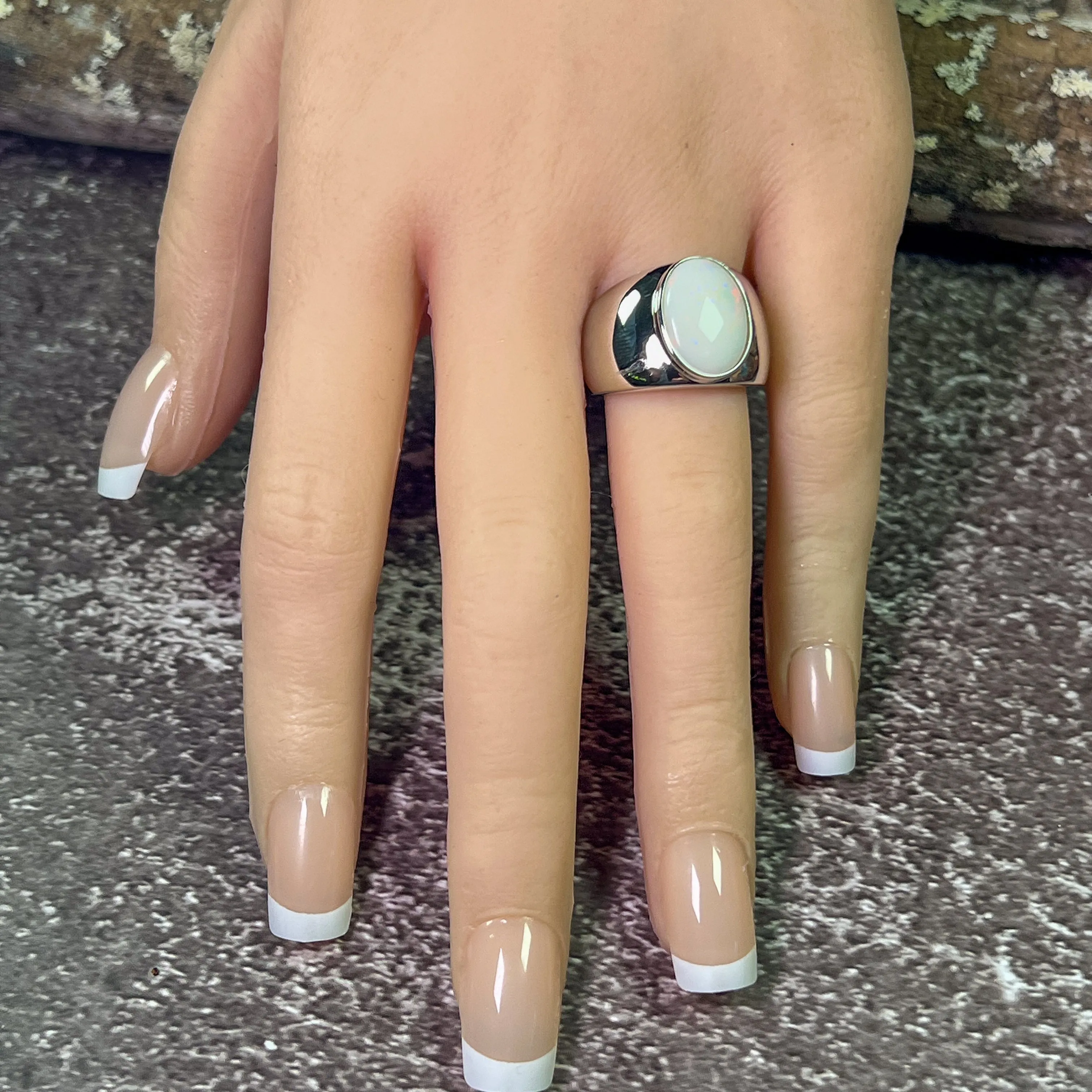 Sterling Silver broad White Opal solitaire ring