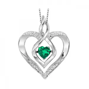 Sterling Silver, Created Emerald & Diamond Rhythm of Love Heart Pendant & Chain
