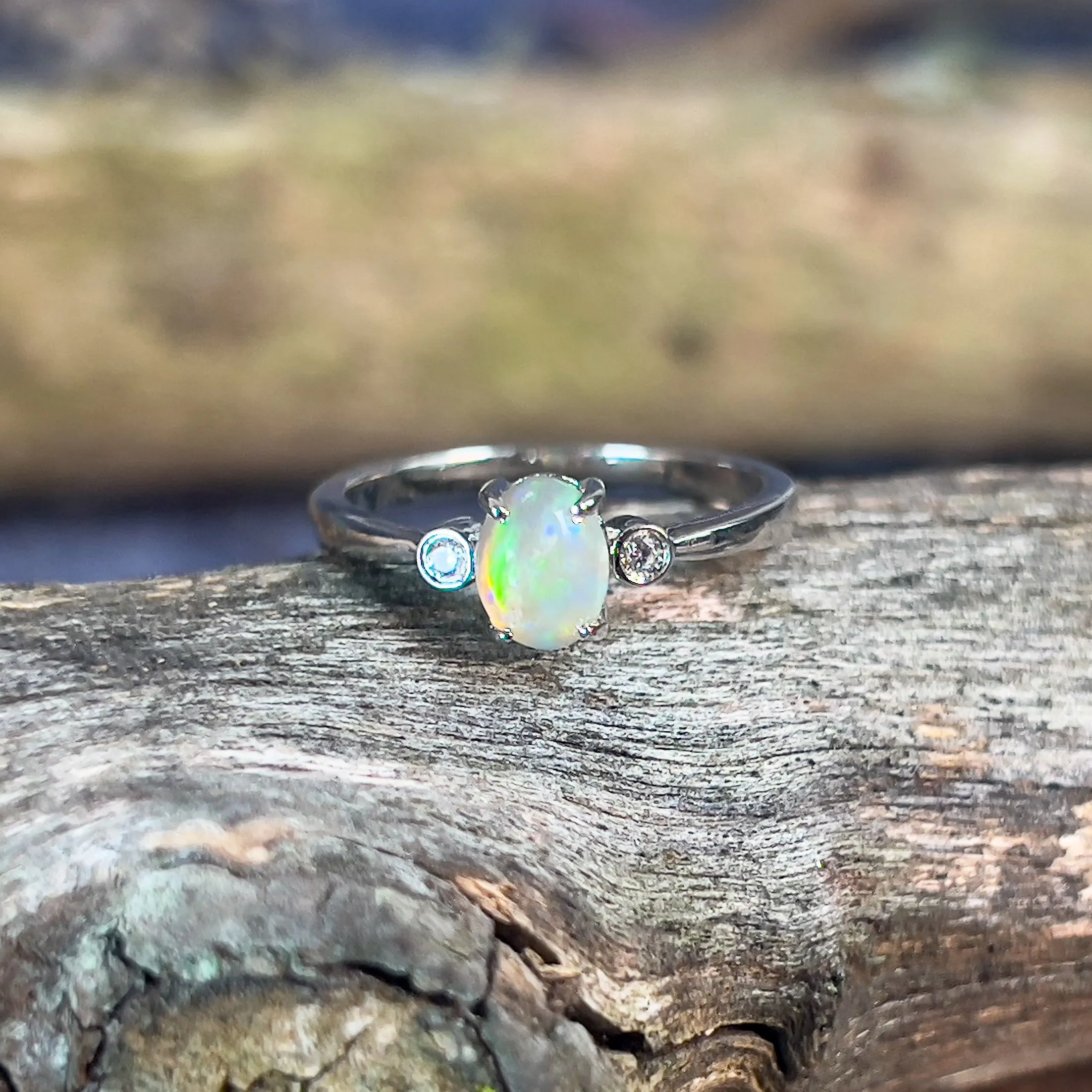 Sterling Silver Crystal Opal with cubic zirconias ring