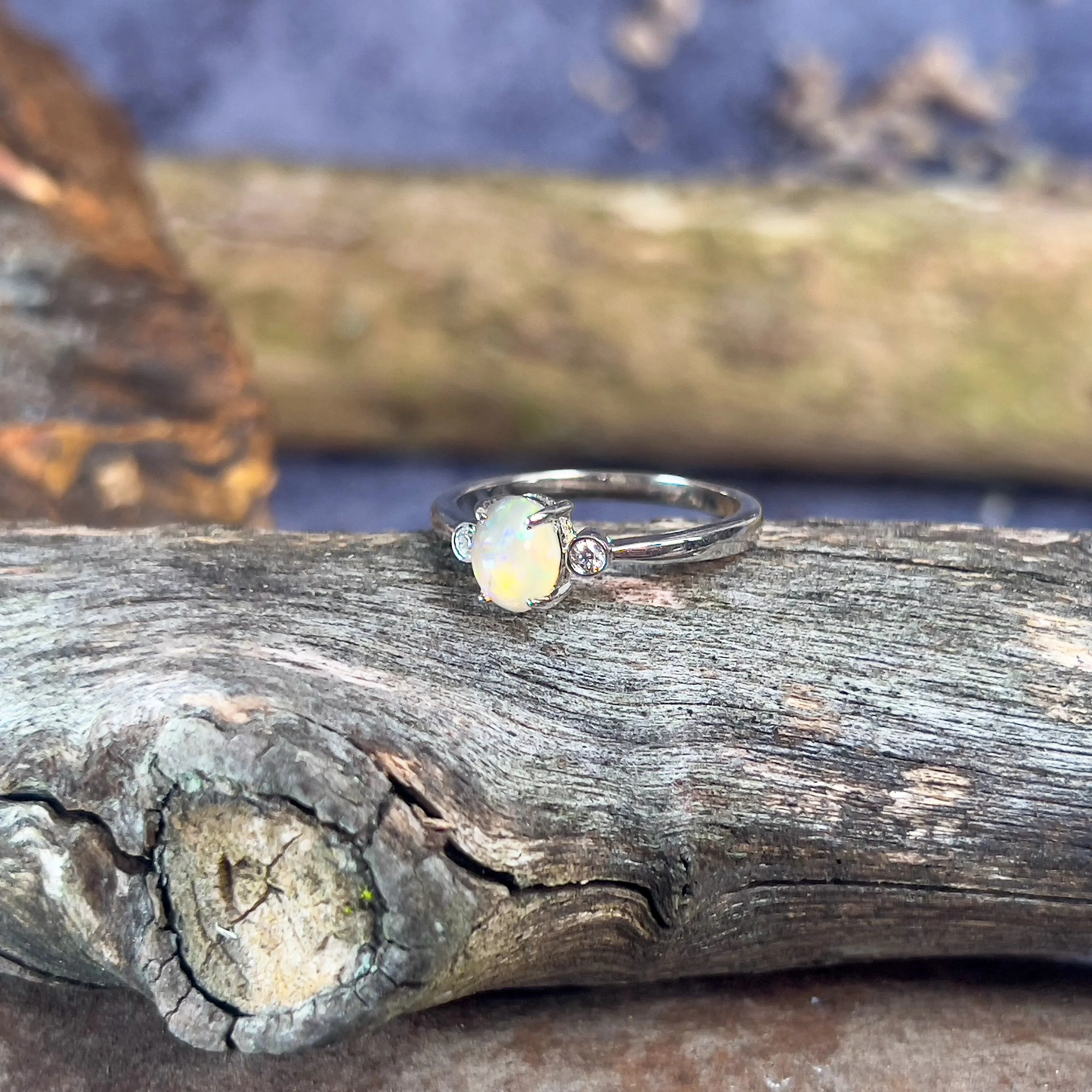 Sterling Silver Crystal Opal with cubic zirconias ring