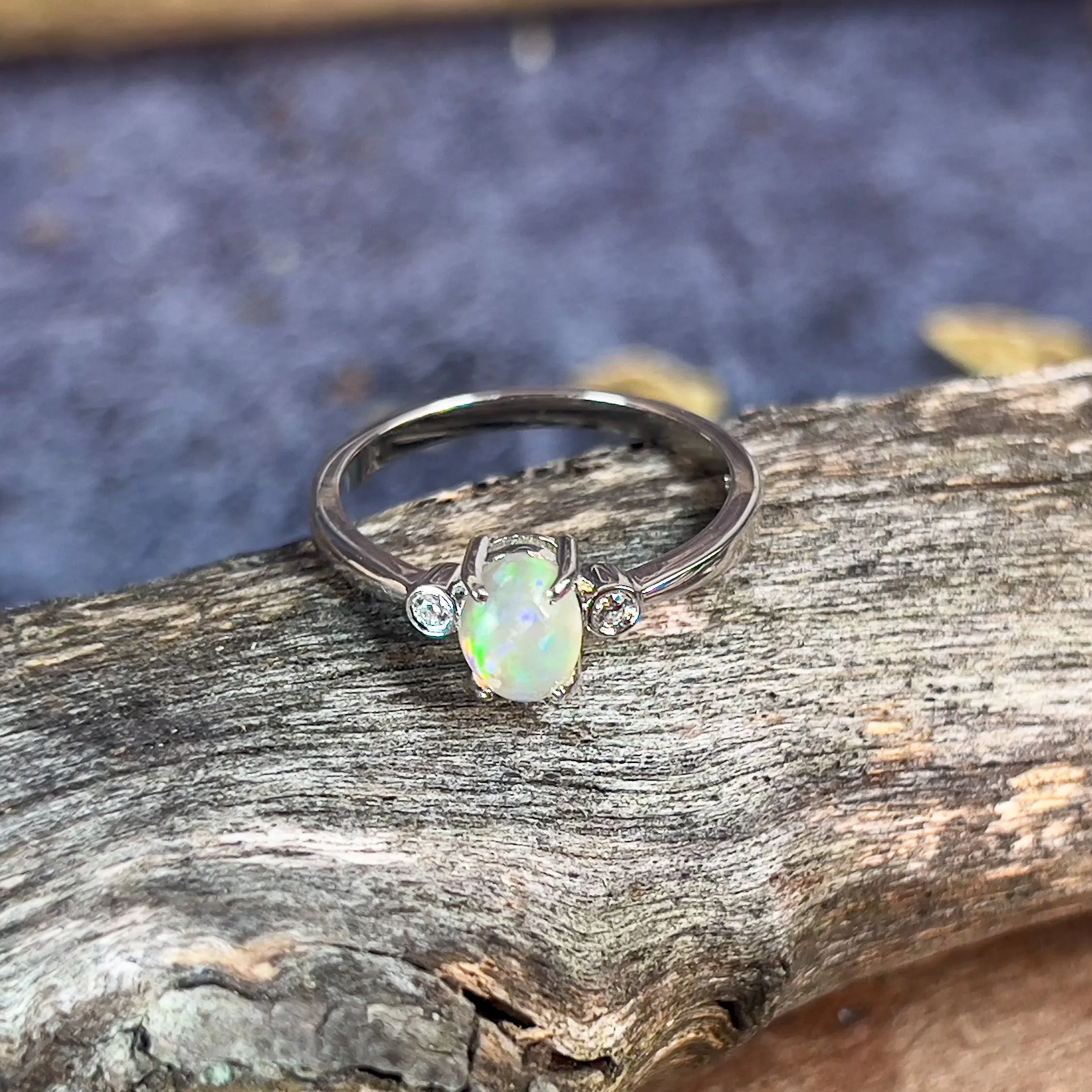 Sterling Silver Crystal Opal with cubic zirconias ring