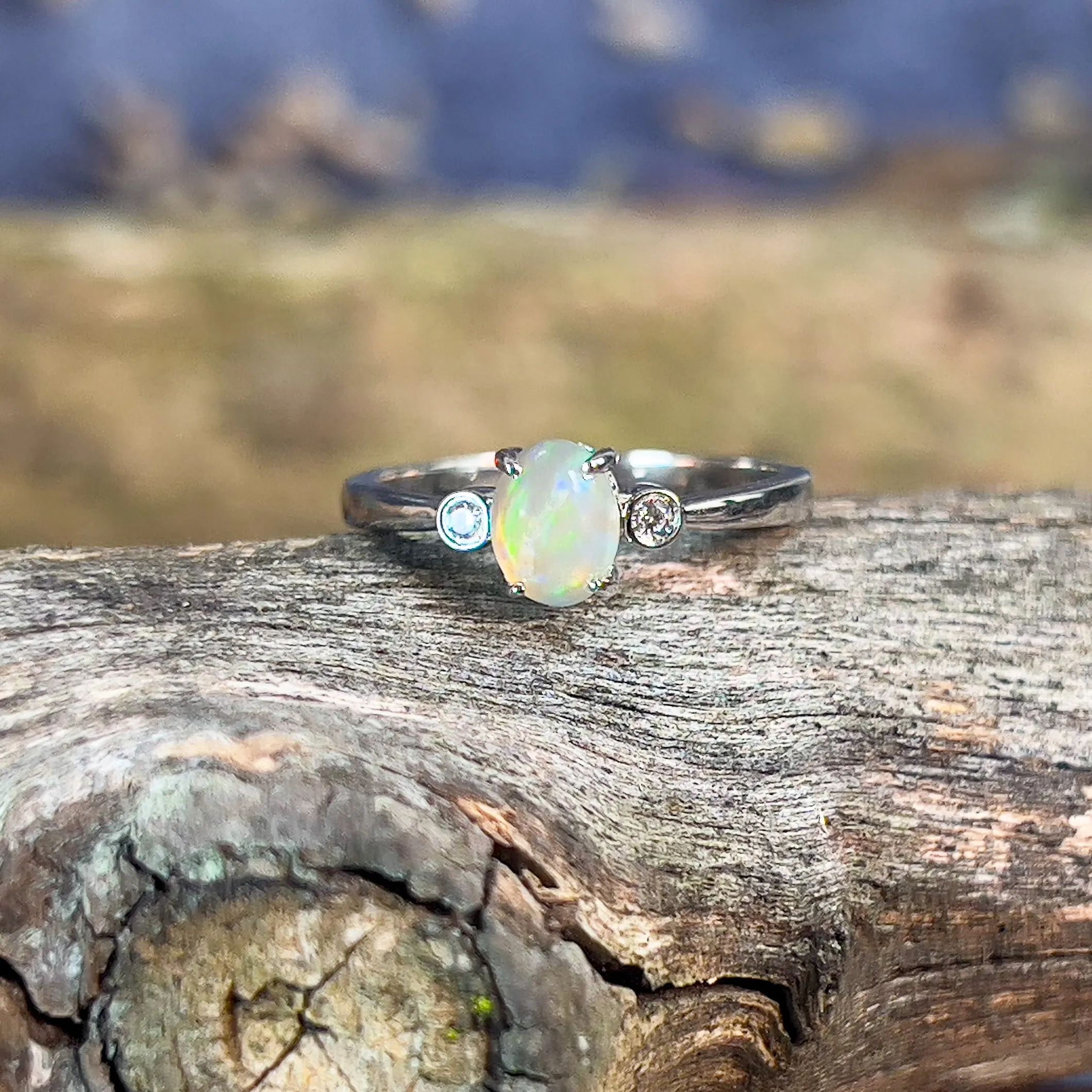 Sterling Silver Crystal Opal with cubic zirconias ring