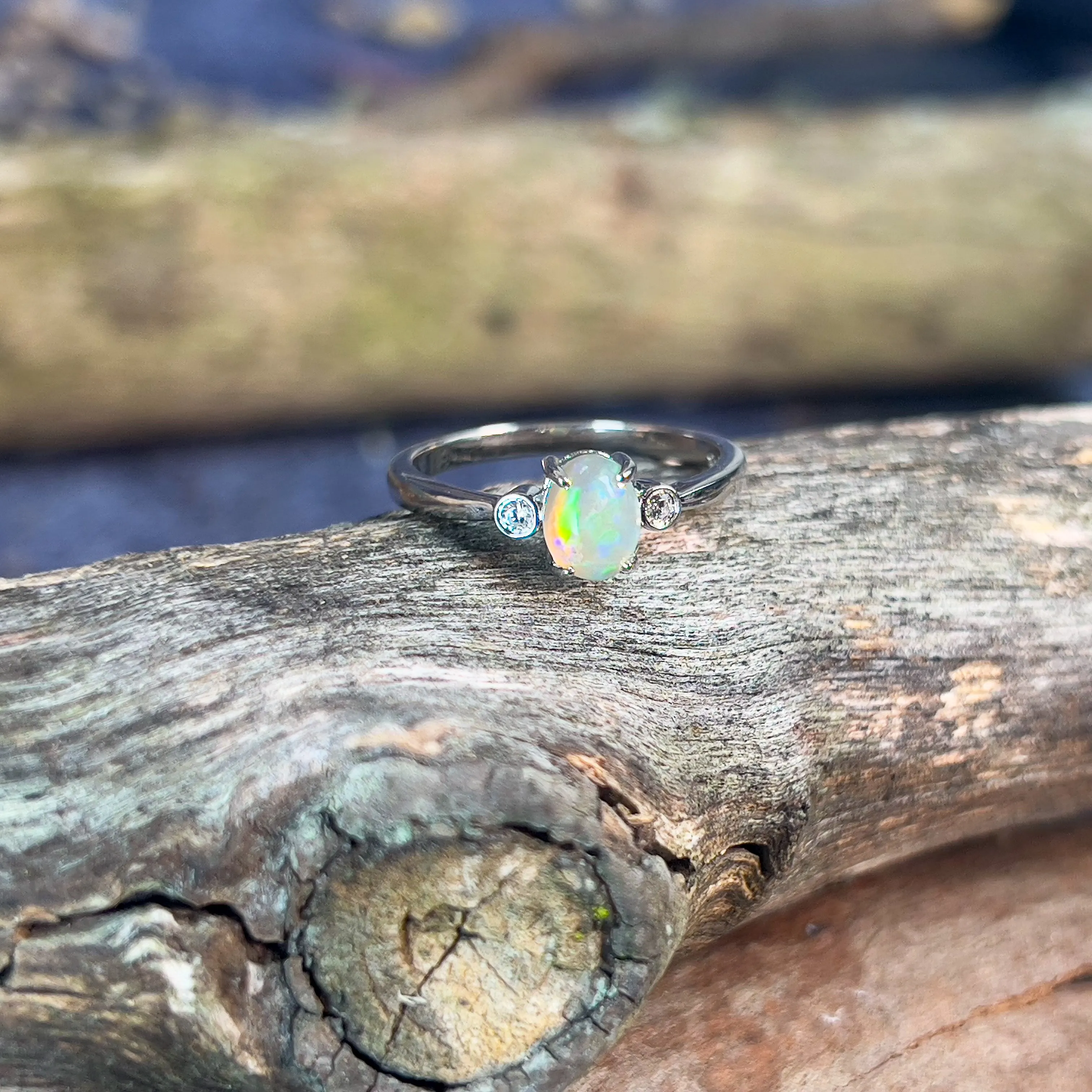Sterling Silver Crystal Opal with cubic zirconias ring