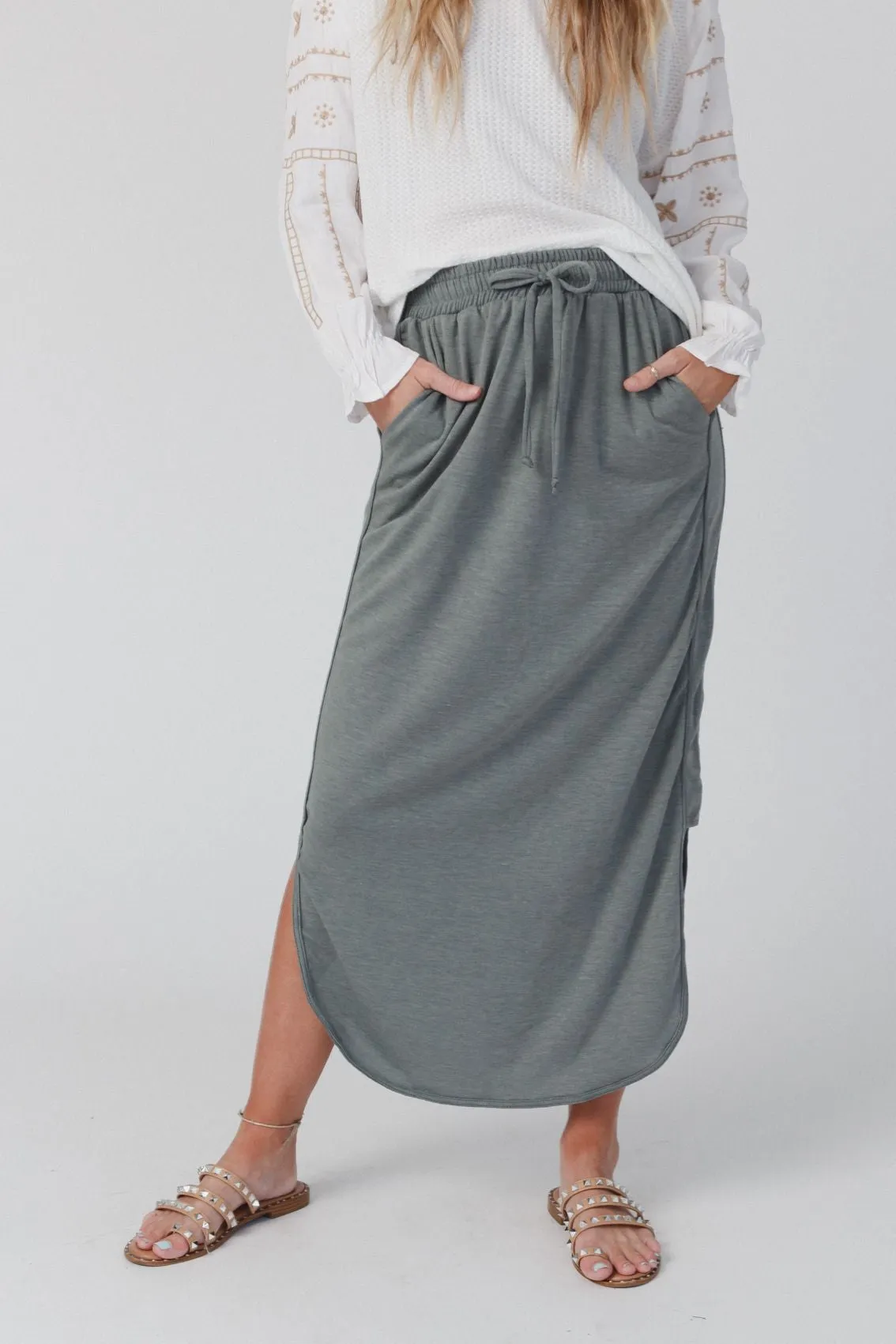 The Nest So Comfy Drawstring Maxi Skirt - Light Olive
