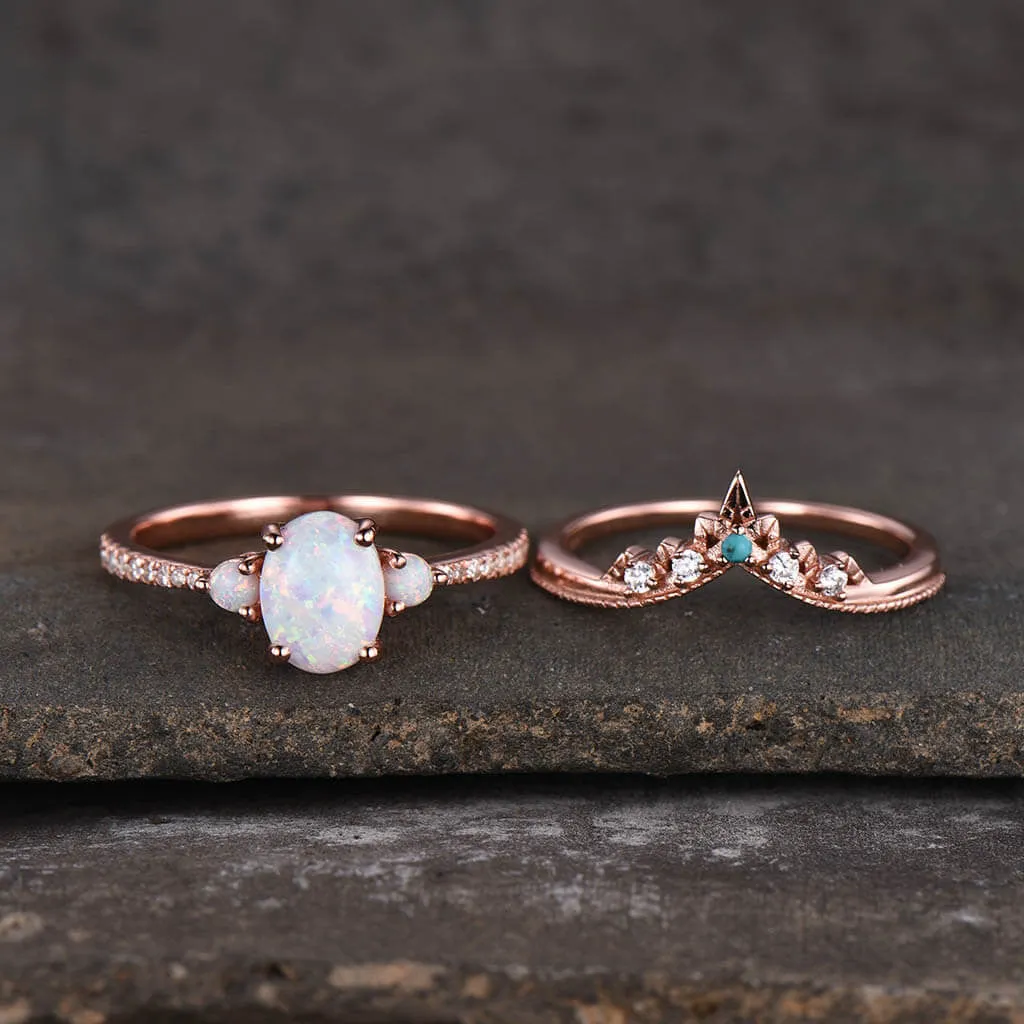 Three Stone Opal Engagement Ring Set Bridal Jewelry 14k/18k Rose Gold