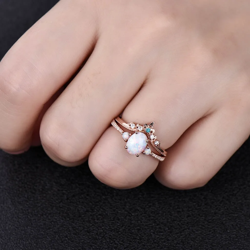 Three Stone Opal Engagement Ring Set Bridal Jewelry 14k/18k Rose Gold