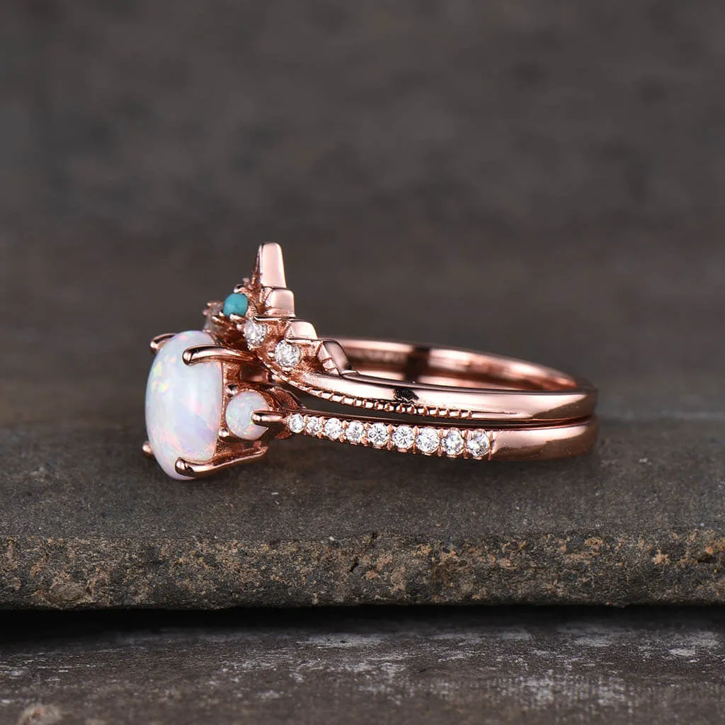Three Stone Opal Engagement Ring Set Bridal Jewelry 14k/18k Rose Gold