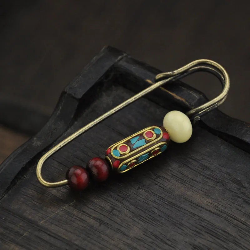 Vintage handmade pearl white jade bodhi sandalwood bead brooch sweater ethnic style