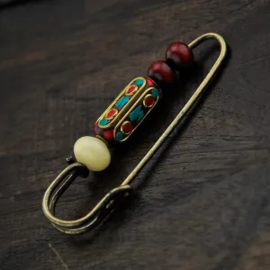 Vintage handmade pearl white jade bodhi sandalwood bead brooch sweater ethnic style