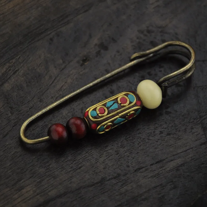 Vintage handmade pearl white jade bodhi sandalwood bead brooch sweater ethnic style