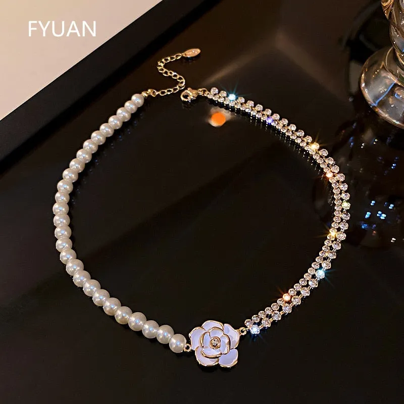 White Flower Crystal Choker Necklaces Pearl Chain Rhinestone Necklace