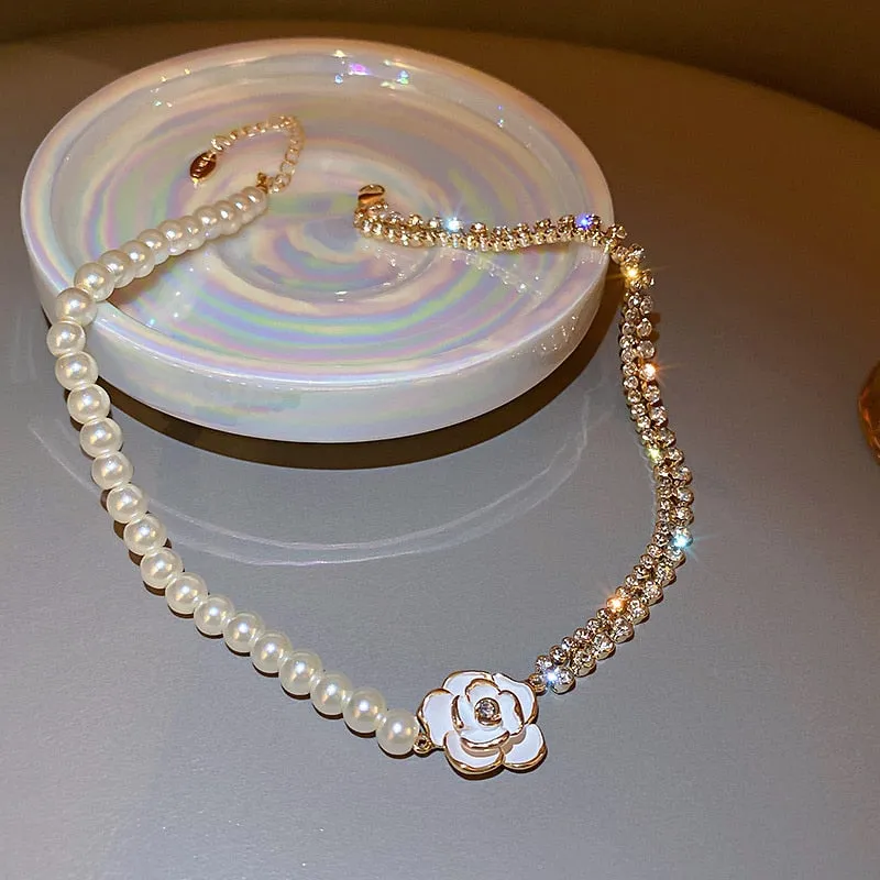 White Flower Crystal Choker Necklaces Pearl Chain Rhinestone Necklace