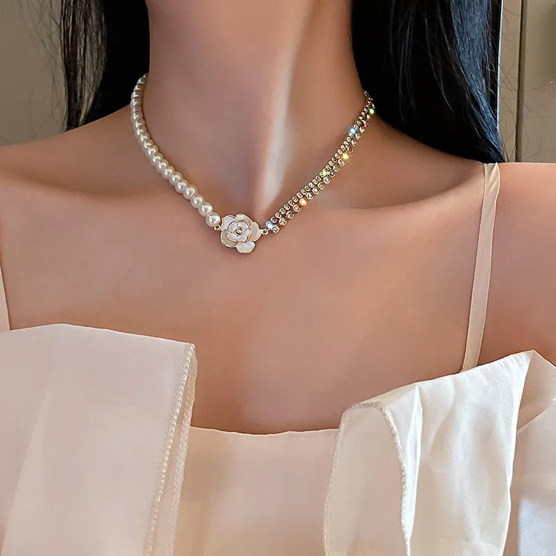 White Flower Crystal Choker Necklaces Pearl Chain Rhinestone Necklace