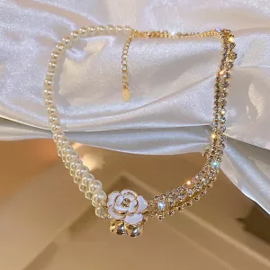 White Flower Crystal Choker Necklaces Pearl Chain Rhinestone Necklace