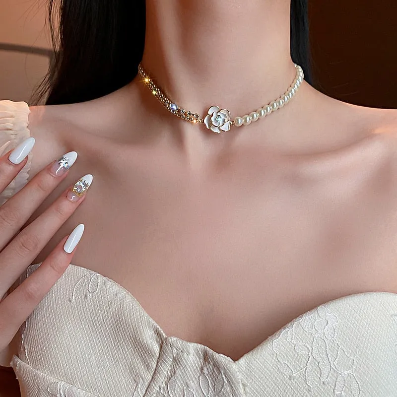 White Flower Crystal Choker Necklaces Pearl Chain Rhinestone Necklace